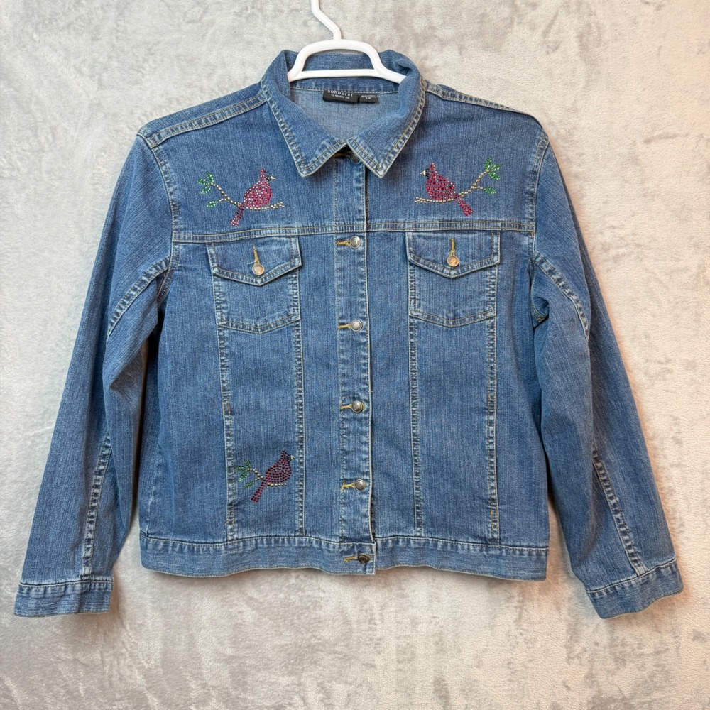 Sunburst Denim Jacket Womens L Cardinal Rhinestone Embellished Grandma Core Jean